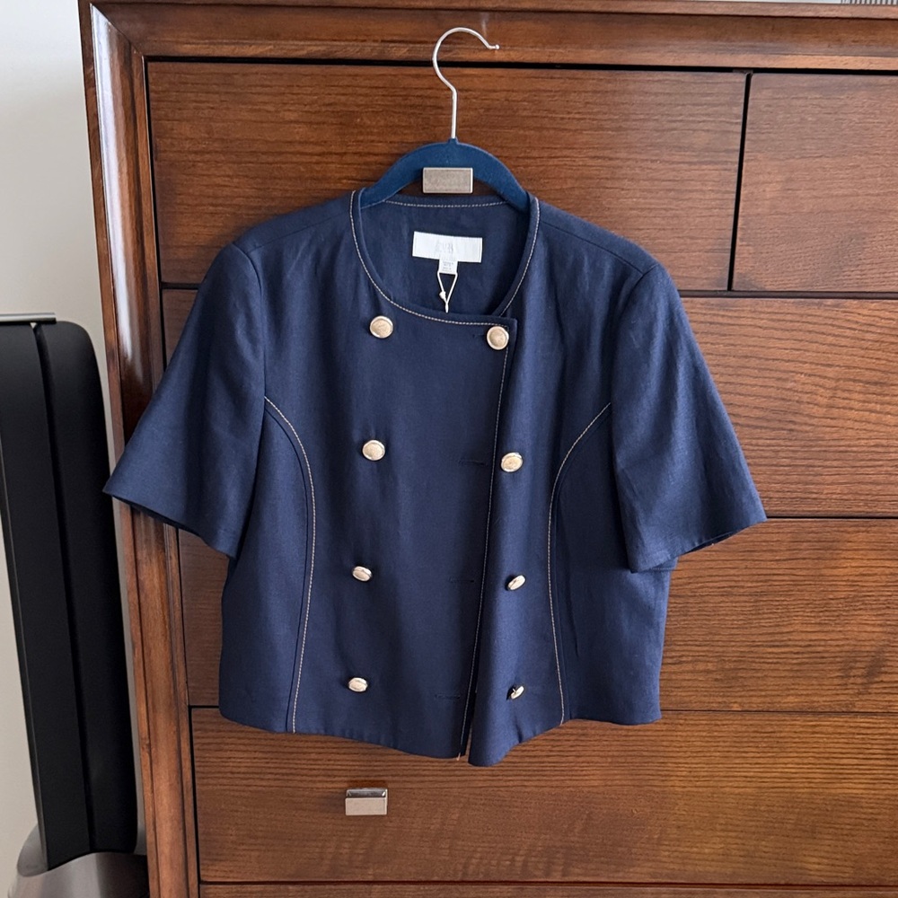 Zara Navy Short-Sleeve Double-Breasted Blazer
